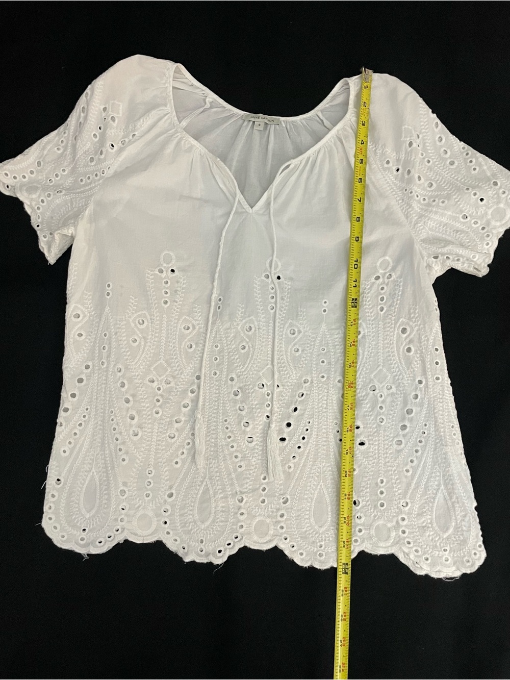 ANNE CARSON Women’s White Eyelet Tie-Neck Peasant Blouse Top Casual Size Small - Picture 2 of 7